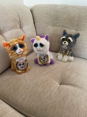 Feisty Pets Trio - Orange Tabby, White/Purple Unicorn, Gray Puppy